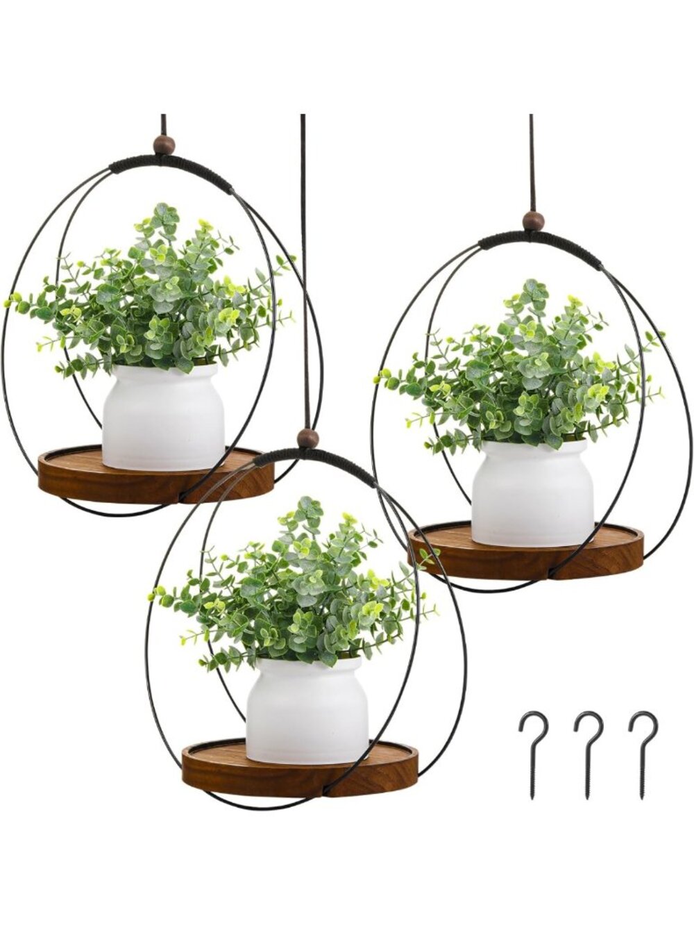 3 Pack Indoor Hanging Planters - Large Boho Plant Hanger with Wood Base, Gift